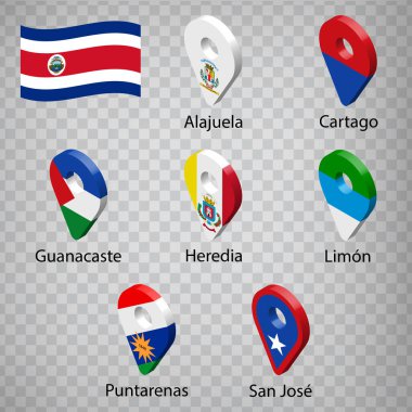 Seven  flags the Provinces of Costa Rica -  alphabetical order with name.  Set of 3d geolocation signs like flags Regions of Costa Rica.  Seven one 3d geolocation signs for your design. EPS10