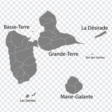 Guadeloupe 'un gri haritası. Bütün ada haritaları başlıklarla dolu. Tasarımınız için şeffaf arkaplan üzerinde bölgeleri olan yüksek kaliteli Guadeloupe haritası. Karayipler. Fransa. EPS10.