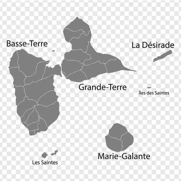空の地図グアドループを灰色で表示します すべての島の地図はタイトルが付いています あなたのデザインのための透明な背景に地区とグアドループの高品質の地図 カリブ海だ フランスだ Eps10 — ストックベクタ