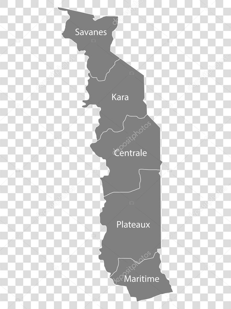 Blank map Republic of Togo in gray. Every region map is with titles. High quality map of  Togo with provinces on transparent background for your  design.  Africa. EPS10.