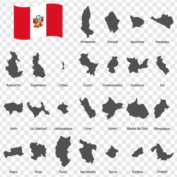 Veinticinco Mapas Del Perú Orden Alfabético Con Nombre Cada Mapa — Vector de stock