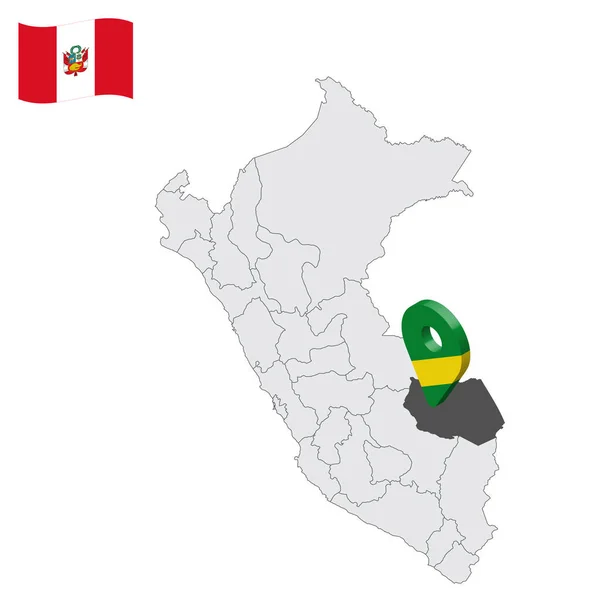 場所マドレ ディオス県地図ペルー マドリード ディオスの旗に似た3D位置記号 あなたのデザインのためのペルー共和国の州との品質地図 Eps10 — ストックベクタ