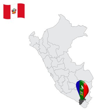 Peru haritasında Moquegua Bölümü. Moquegua bayrağına benzer 3D konum işareti. Tasarımınız için Peru Cumhuriyeti ile kaliteli bir harita. EPS10