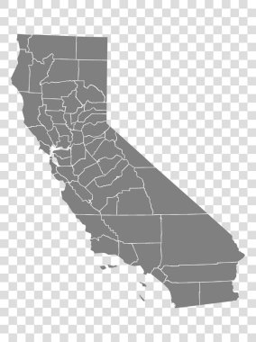 Şeffaf arka planda eyalet California haritası. Sitenin tasarımı, logosu, uygulaması ve UI için gri bölgeleri olan boş California haritası. ABD. EPS10.