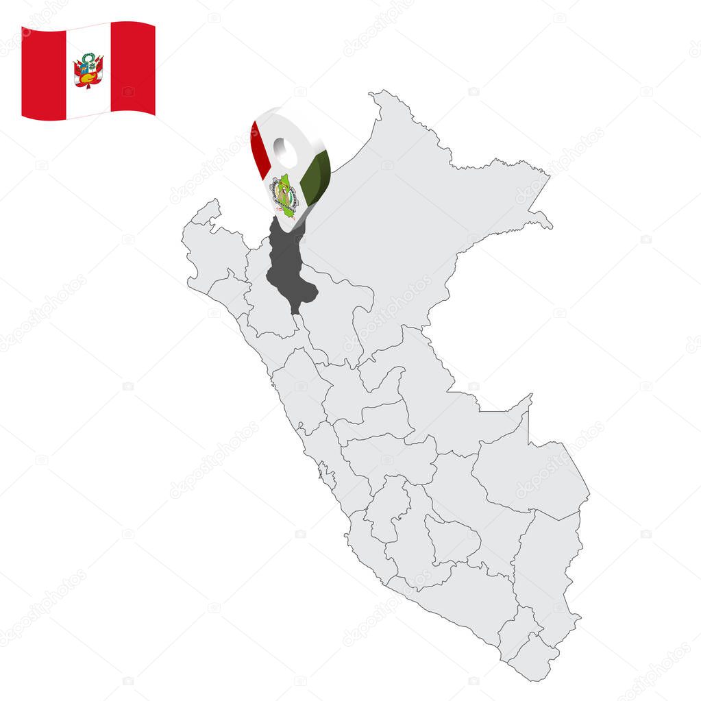 Location Department of  Amazonas on map Peru. 3d location sign similar to the flag of  Amazonas. Quality map  with  provinces Republic of Peru for your design. EPS10