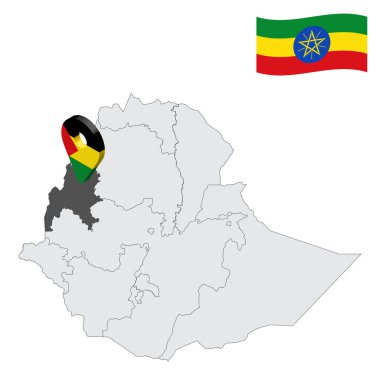 Etiyopya haritasında Bengul-Guz Bölgesi. Bengul-Guz bayrağına benzer 3D işaret levhası. Tasarımınız için Etiyopya vilayetleriyle kaliteli bir harita. EPS10