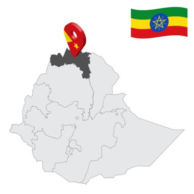 Etiyopya haritasında Tigray Bölgesi. Tigray bayrağına benzer 3 boyutlu işaret. Tasarımınız için Etiyopya vilayetleriyle kaliteli bir harita. EPS10