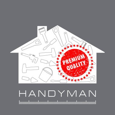 Profesyonel tamirat servisi. Alet koleksiyonu gri renkli pankart şablonu. Alet desenli ev silueti. Tasarımınız için kırmızı pul kaliteli. EPS10.