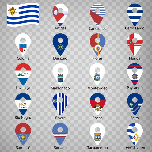 Diecinueve Banderas Los Departamentos Uruguay Orden Alfabético Con Nombre Conjunto — Vector de stock