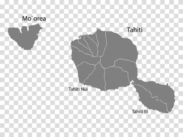 タヒチを灰色で地図 すべての島の地図はタイトルが付いています あなたのデザインのための透明な背景に地区とタヒチの高品質の地図 フランス領ポリネシア Eps10 — ストックベクタ