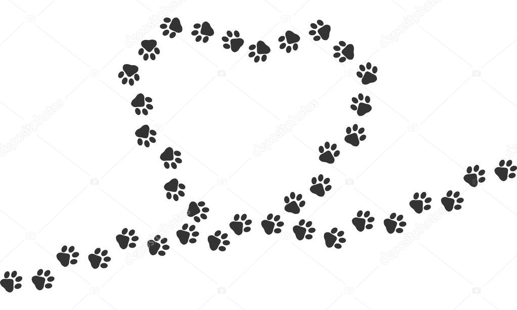Paw vector trail print of cat isolated on white background. Heart silhouette. Dog or puppy silhouette animal tracks. Paw Print. Vector illustration. EPS10.