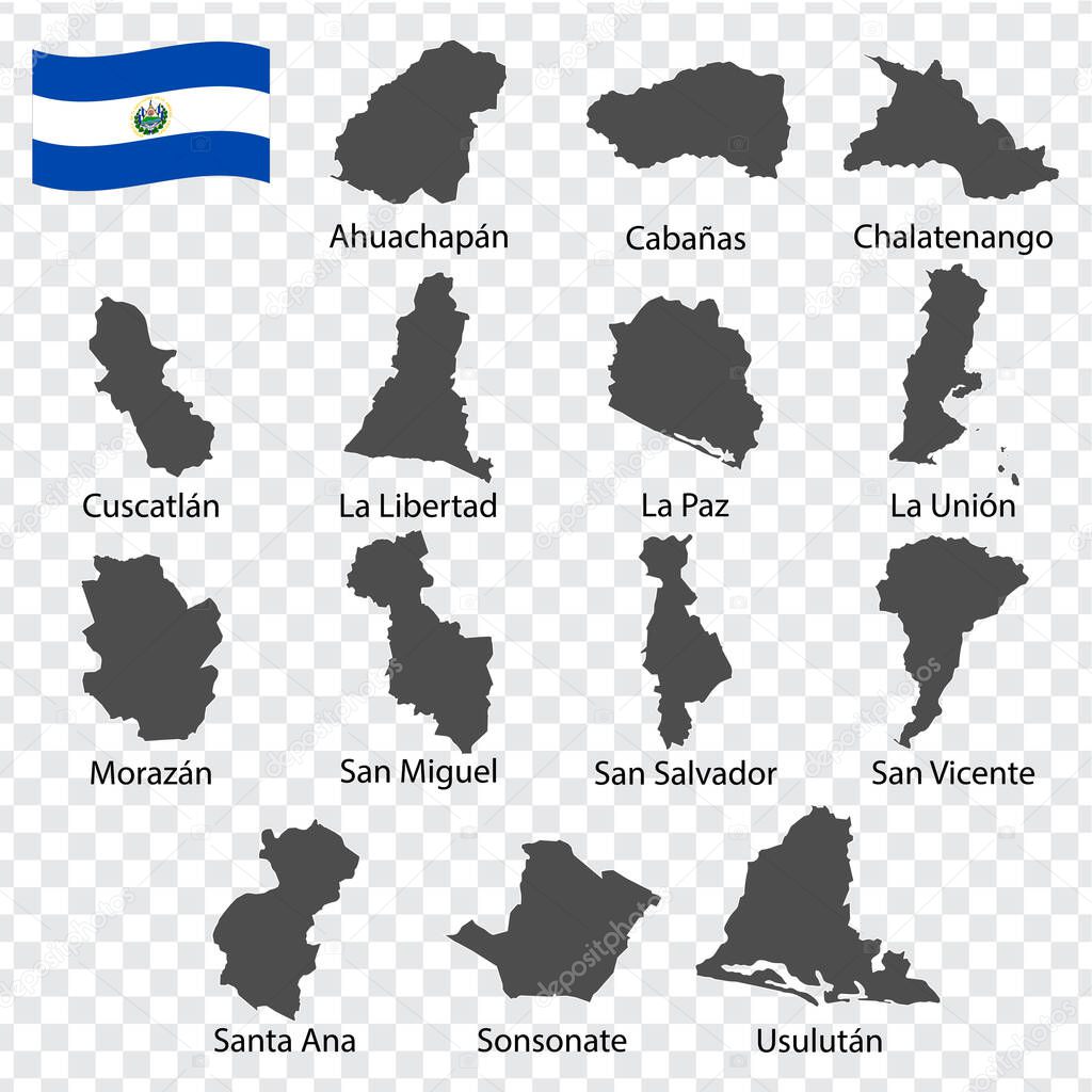 Fourteen Maps  Departments of El Salvador - alphabetical order with name. Every single map of Regions are listed and isolated with wordings and titles.  Republic of El Salvador. EPS 10. 