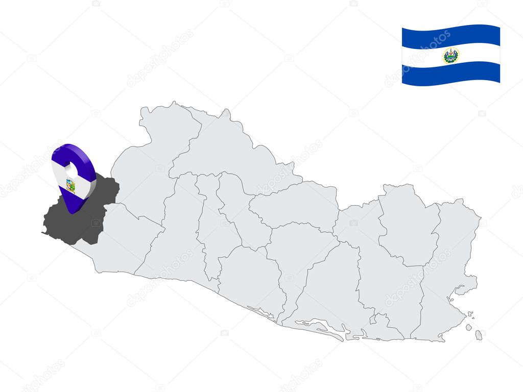 Location of  Ahuachapan Department on map El Salvador. 3d location sign similar to the flag of Ahuachapan. Quality map  with  provinces of  El Salvador for your design. EPS10
