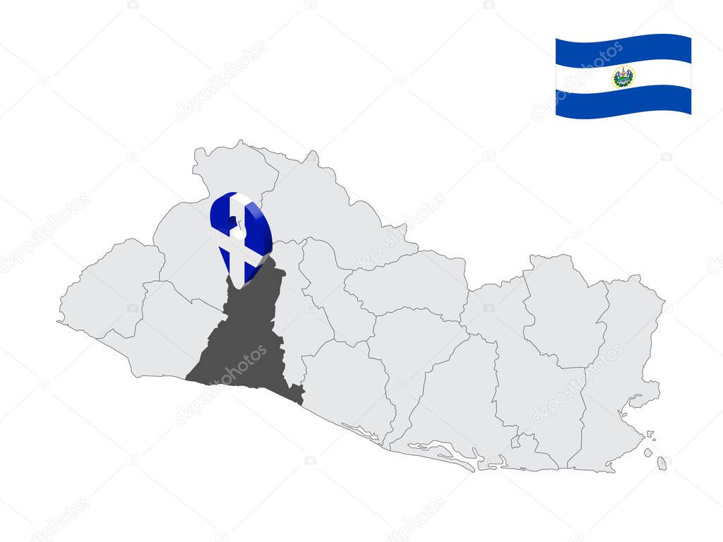 Location of  La Libertad Department on map El Salvador. 3d location sign similar to the flag of La Libertad. Quality map  with  provinces of  El Salvador for your design. EPS10