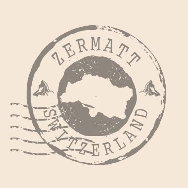 Pullu Posta İsviçre 'nin Zermatt şehridir. Siluet haritası, lastik mühür. Retro Seyahat Tasarımı. Tasarımınız için Zermatt grunge haritasını mühürleyin. EPS10