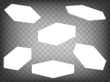 Şeffaf arkaplanda boş altıgen kart koleksiyonu 3d sembolleri. Altıgen Kart, farklı görüş ve açılara sahip 3D simge resimlemesi imzaladı. Tasarımınız için grafiksel öğeler. EPS 10