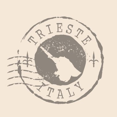 Stamp Postal of Trieste, İtalya 'nın başkentidir. Siluet haritası, lastik mühür. Retro Seyahat Tasarımı. Tasarımın için Trieste Grunge 'ın Mühür Haritası. Friuli-Venezia Giulia. İtalya. EPS10