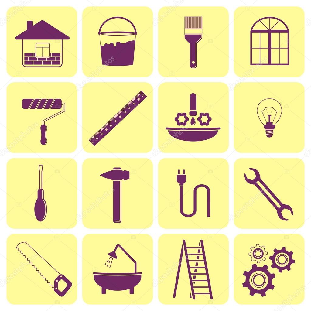 Sixteen icons of tools for repair of house on yellow background
