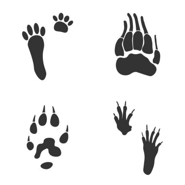 Beyaz arka planda Hayvan, Porsuk, Sincap, Gelincik, Tavşan ayak izleri var. Gri renkli siluet hayvan izleri. Dizaynınız için Paw Print. Vektör çizimi. EPS10.