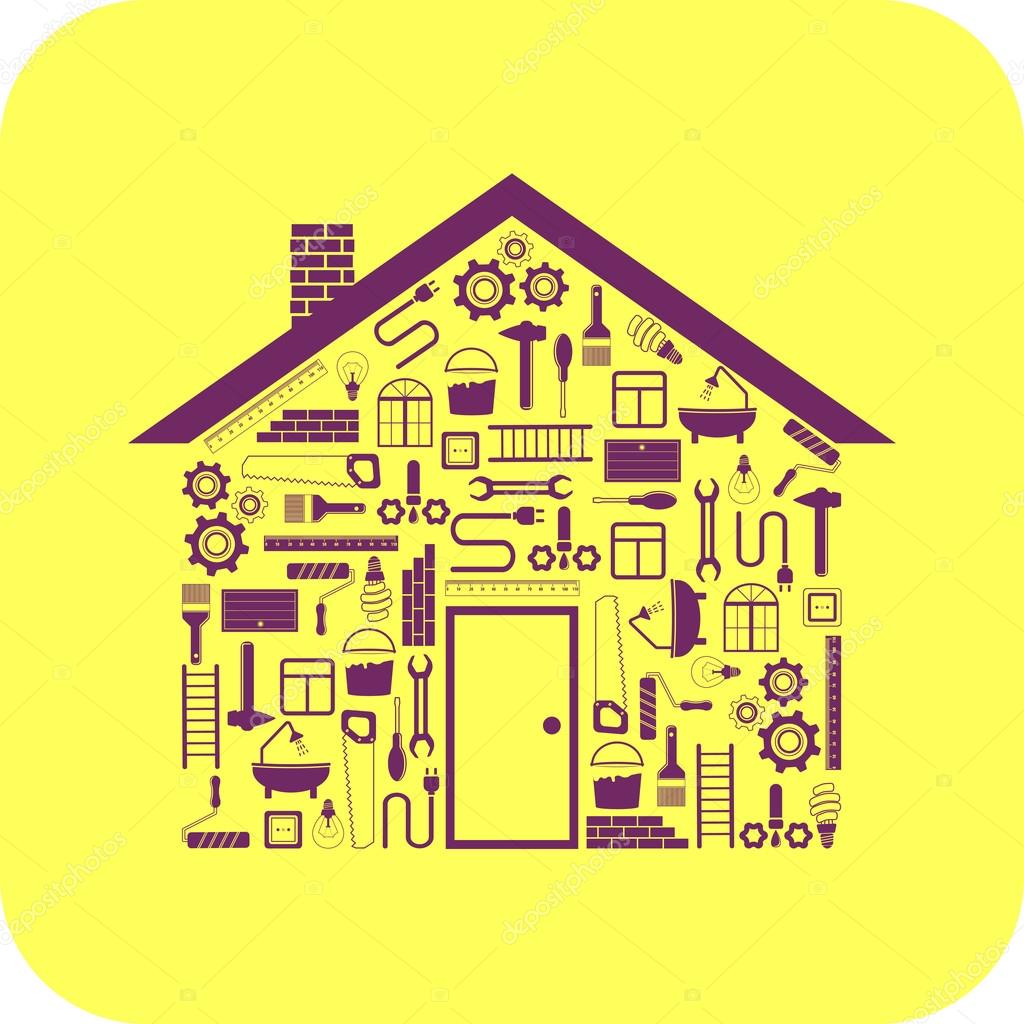 House in the form of tools to repair on yellow background