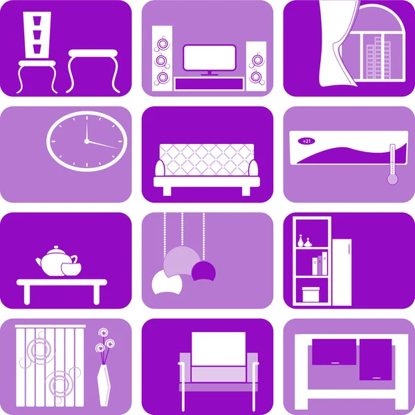 Icons of interior design on purple background — Stock Vector
