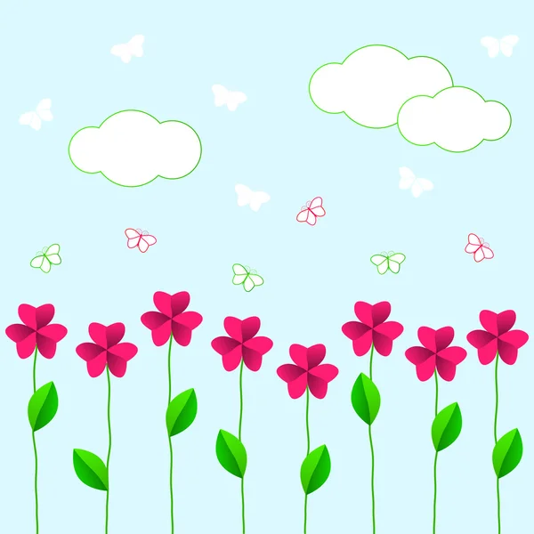 Pink flowers with green leaves and butterflies — Stock Vector