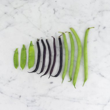 Gri desenli arka planda izole edilmiş bezelye ve fasulye kabuklarının üst görünümü