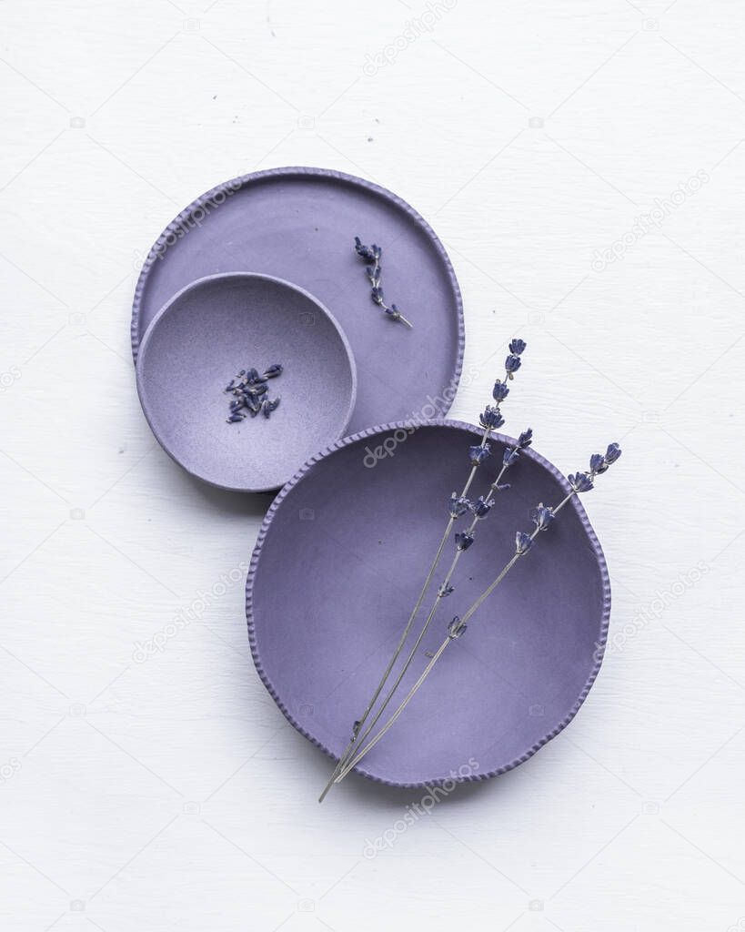 violet vintage ceramic plates with lavender flowers 