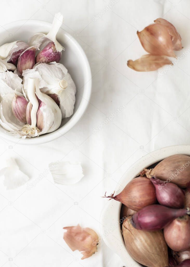Pink Heirloom Organic Garlic in Pink and White Dishes, Pretty, Pantry Goods, Dinner at Home