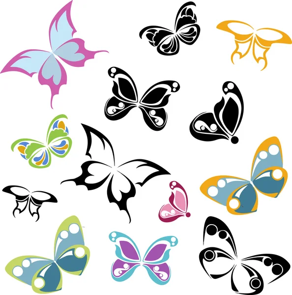 Siluetas de mariposas negras y multicolores, fondo blanco — Vector de stock