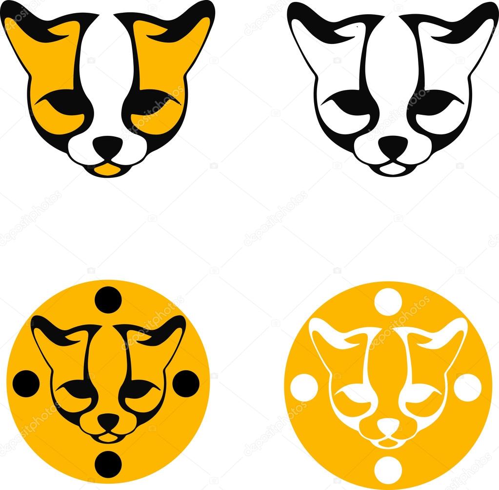 Set of stylized images ocelot head , black and yellow silhouette of a head of a wild cat , line logos on a white background