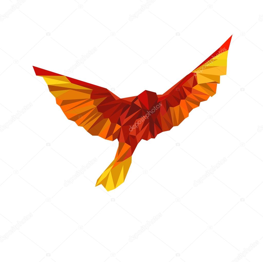 Bright red bird polygonal on a white background