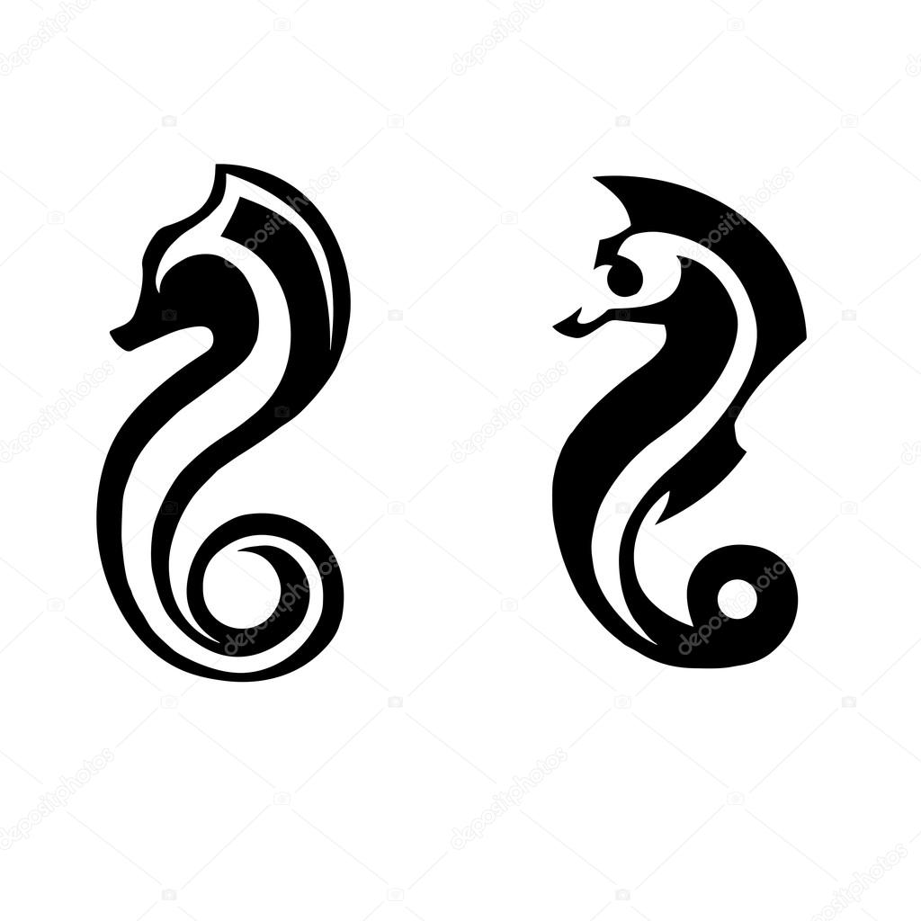 Stylized black silhouettes of sea horses on a white background
