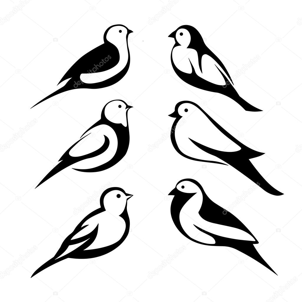 Stylized black silhouettes birds on white background