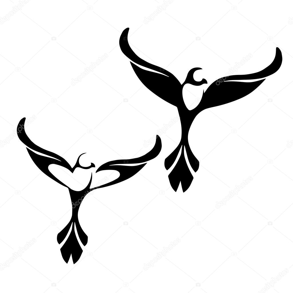 Stylized black silhouettes birds on white background