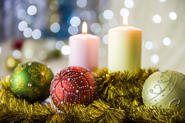 Beautiful Composition Two Candles Christmas Balls Royalty Free Stock Images