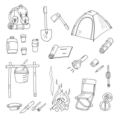 Yürüyüş ikonları hazır. Turizm ekipmanlarının vektör koleksiyonu