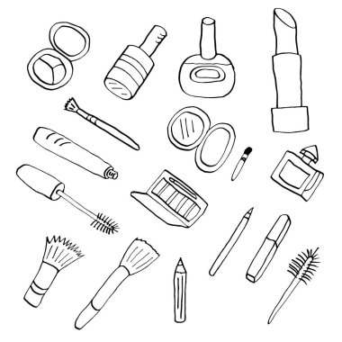 Güzellik salonu için kozmetik seti, karalama stiliyle çizilmiş. Vektör çizimi. Çizgi film