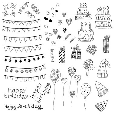 Tatiller için aksesuarlar, doğum günü aksesuarları. Vektör çizimi. İzole edilmiş. Yetişkinler ve çocuklar için boyama sayfaları. Çizgi film.