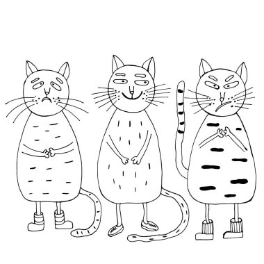 Kediler, üzgün kedi, kötü kedi ve nazik kedi gülümsemesi. Vektör çizimi. İzole edilmiş. Çizgi film. El çizimi karalama stili