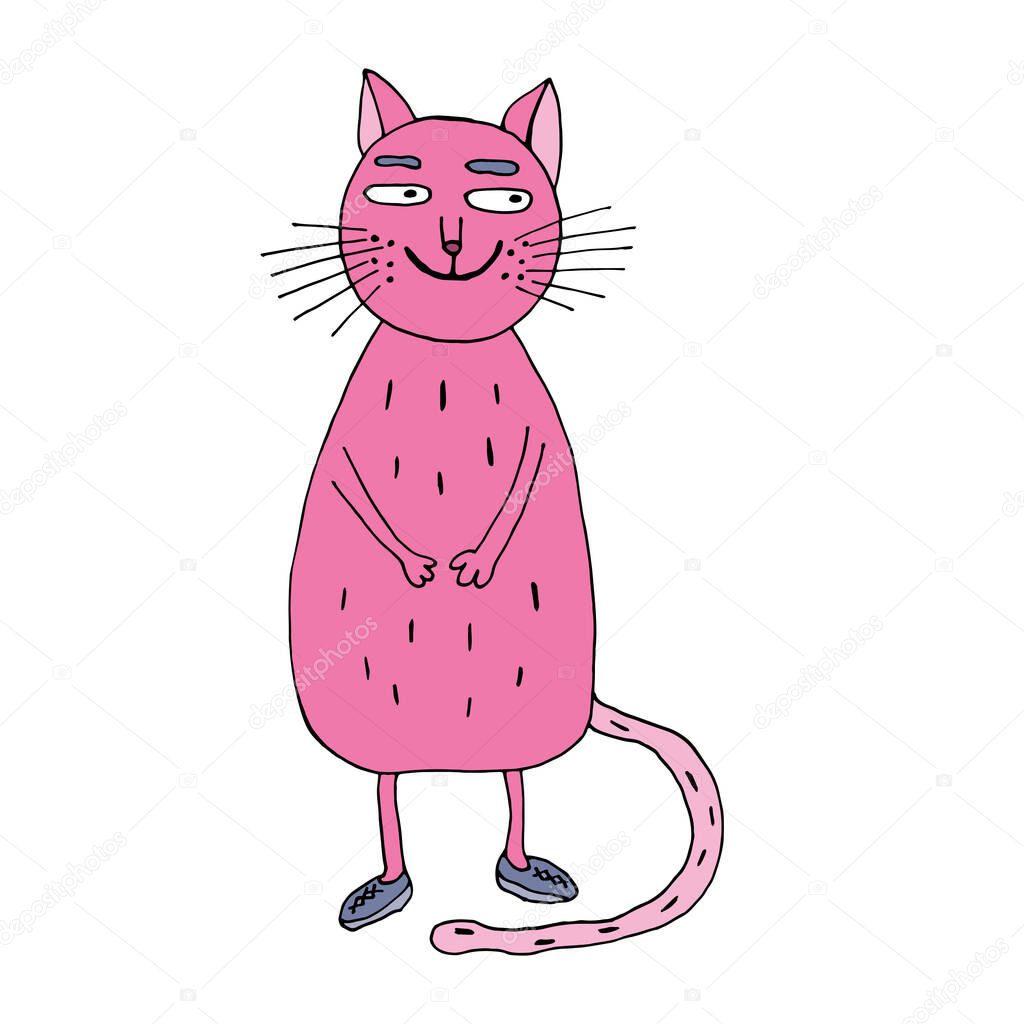 kind cat smiles. Vector illustration. Cartoon. Coloring pages for adults and children. Hand-drawn doodle style