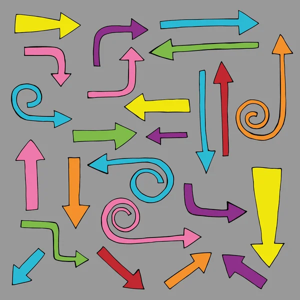 Conjunto de setas - Um conjunto de desenhos de setas em diferentes estilos. Cada elemento é agrupado para facilitar a edição. As cores são amostras globais. Ilustração vetorial —  Vetores de Stock