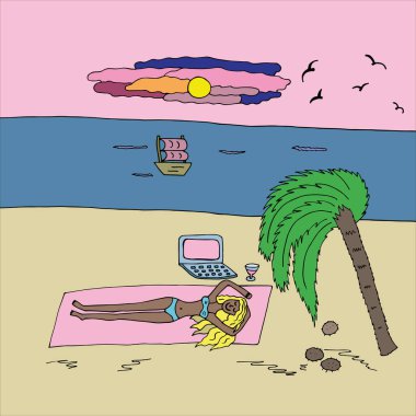 Deniz kıyısında mayo giymiş genç bir kız, palmiye ağaçlarıyla dolu bir adada yatıyor. Kadın rahatlıyor ve dizüstü bilgisayar kullanıyor. Uzaktan çalışma, serbest çalışma, internette online çalışma