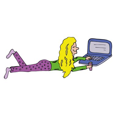 Bilgisayarda uzaktan çalışmanın parlak renkleriyle vektör illüstrasyonu. Kız ofisin dışındaki bir laptopta çalışıyor. beyaz arkaplanda izole