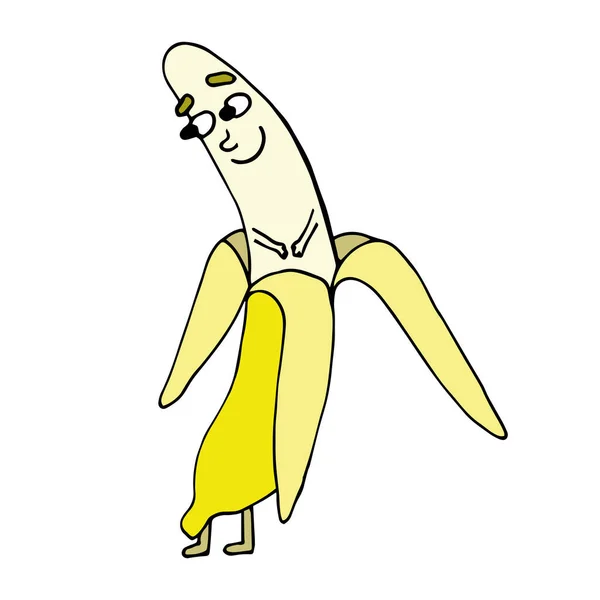 かわいいと面白い黄色のバナナの皮。バナナは微笑む。そうだ。漫画風のキャラクター。果物だ。健康的な食事。漫画. — ストックベクタ