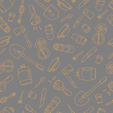 Kamp yapmaya bayılırım. Kamp elementleriyle kusursuz bir düzen. Piknik, yürüyüş, seyahat ve kamp. Vektör illüstrasyonu