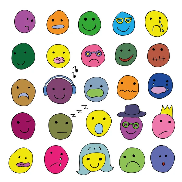 Eine Reihe von Vektorgesichtern mit unterschiedlichen Emotionen isoliert auf weißem Hintergrund. Flacher Cartoon-Stil Vektorgrafiken