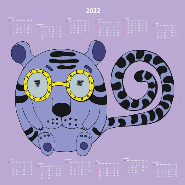 Calendario 2022. El tigre - el símbolo del nuevo año, el tigre De dibujos animados. Calendario del horóscopo chino, calendario para 12 meses. La semana comienza el domingo. Ilustración vectorial — Vector de stock