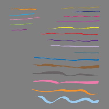 19 adet düz grunge fırçası seti. Kalem ve mürekkeple ince ve kalın çizgiler. Vektör çizimi. Çizgi film