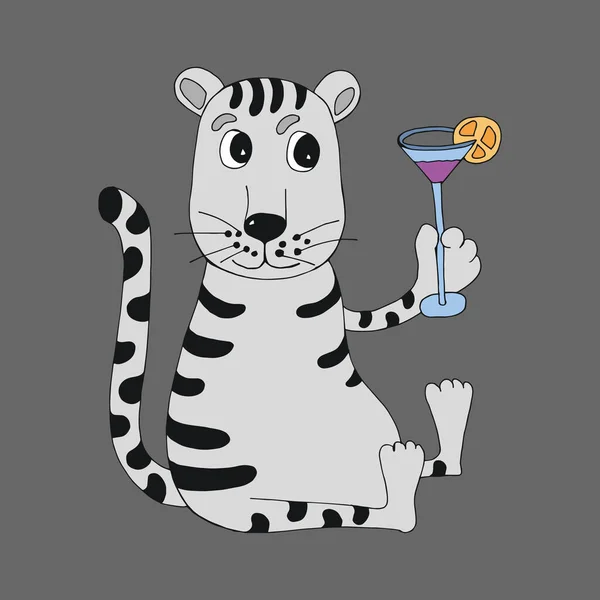 Gracioso tigre blanco. Personaje vectorial en estilo de dibujos animados. dibujado a mano en estilo garabato. Aislado. — Vector de stock